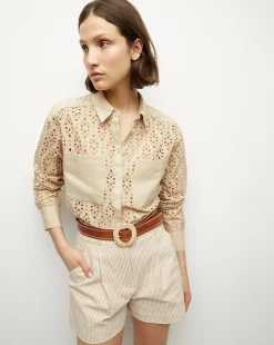 Veronica Beard Tops>Aderes Cotton Eyelet Shirt in Stone Khaki