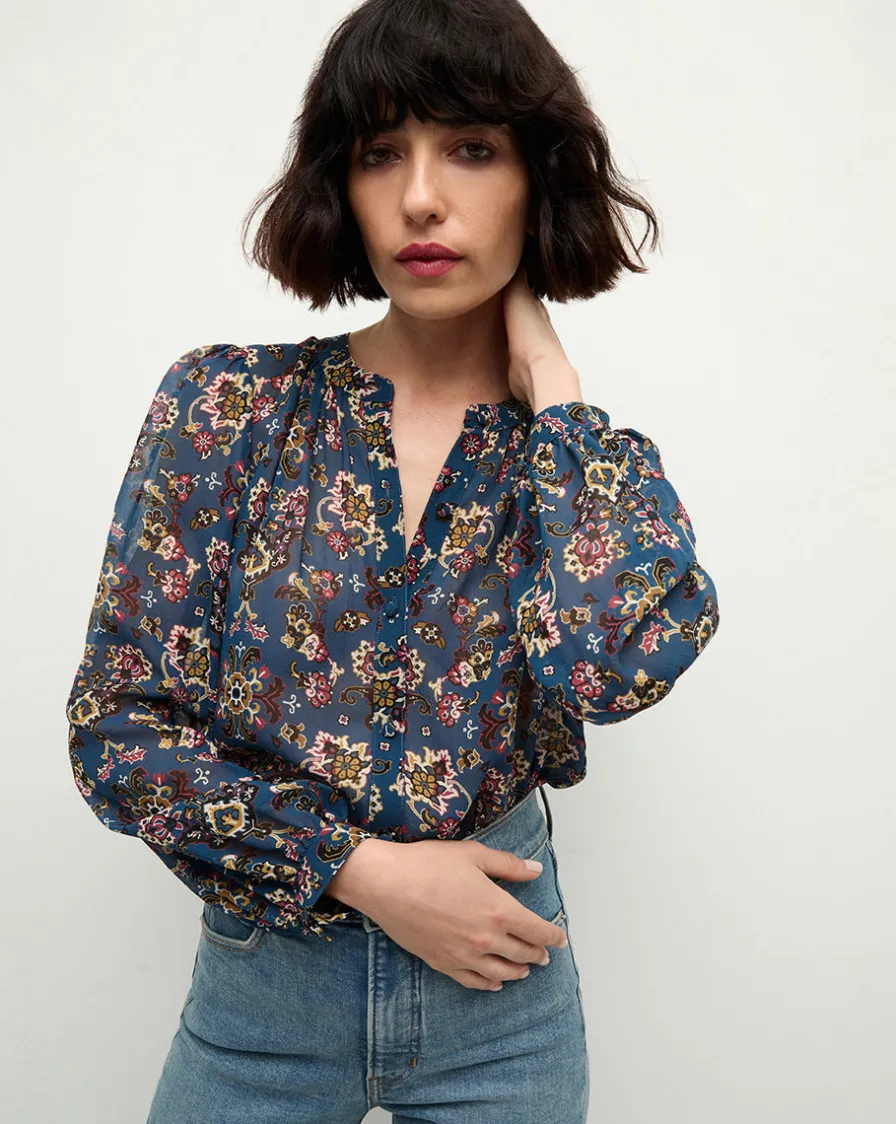 Veronica Beard Tops>Ashlynn Silk Blouse in Blue Print