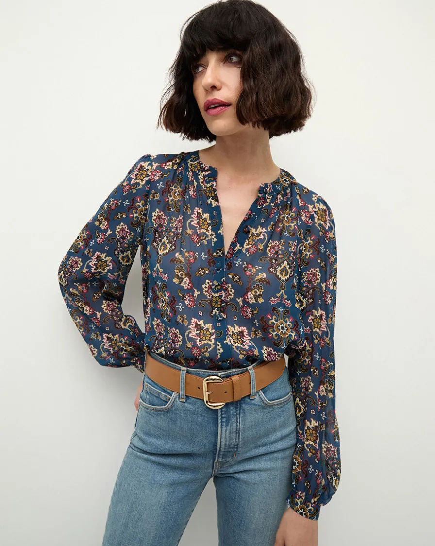 Veronica Beard Tops>Ashlynn Silk Blouse in Blue Print