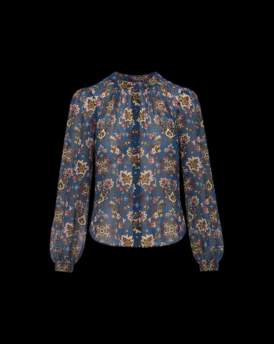 Veronica Beard Tops>Ashlynn Silk Blouse in Blue Print