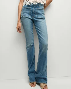 Veronica Beard Jeans>Beverly Patch-Pocket Skinny-Flare Jean in Seawater Stone