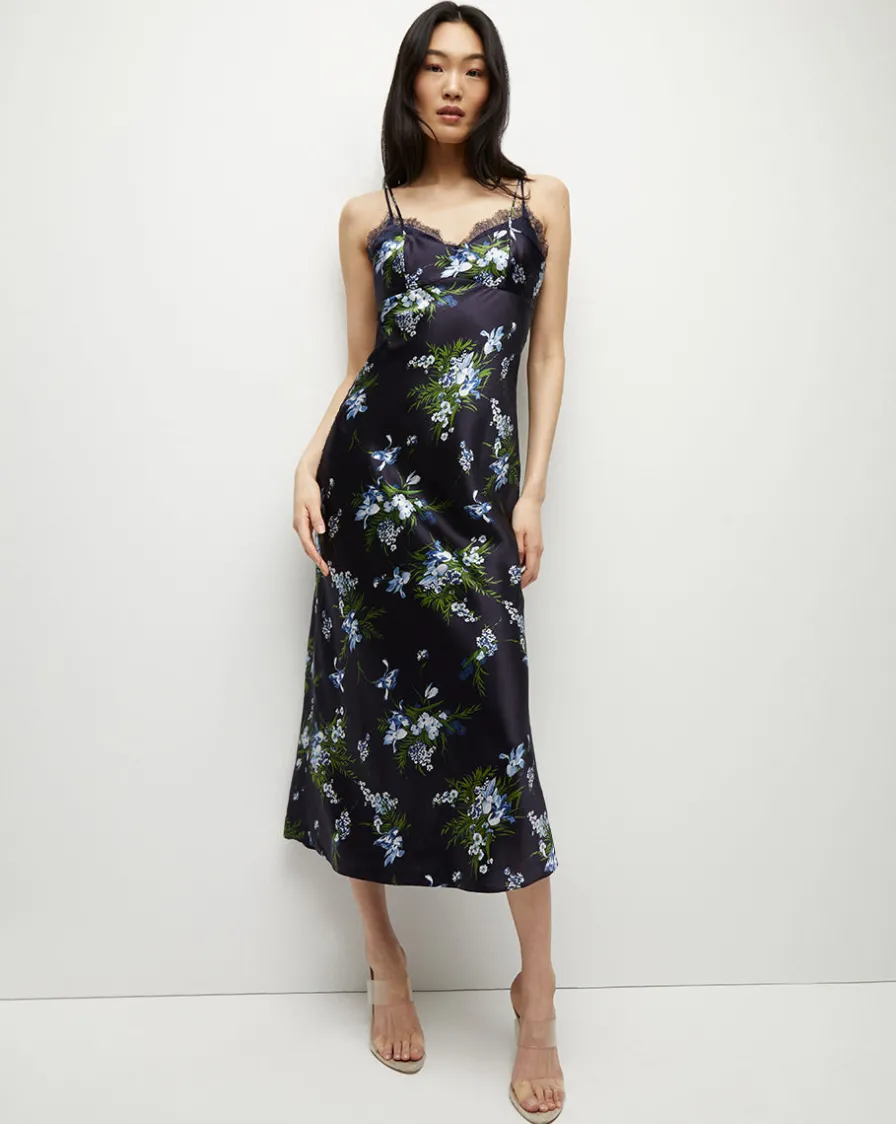 Veronica Beard Dresses>Bixie Stretch-Silk Slip Dress in Navy Multi