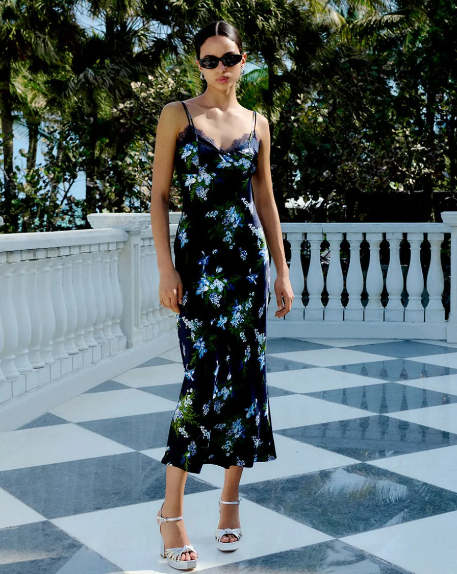 Veronica Beard Dresses>Bixie Stretch-Silk Slip Dress in Navy Multi
