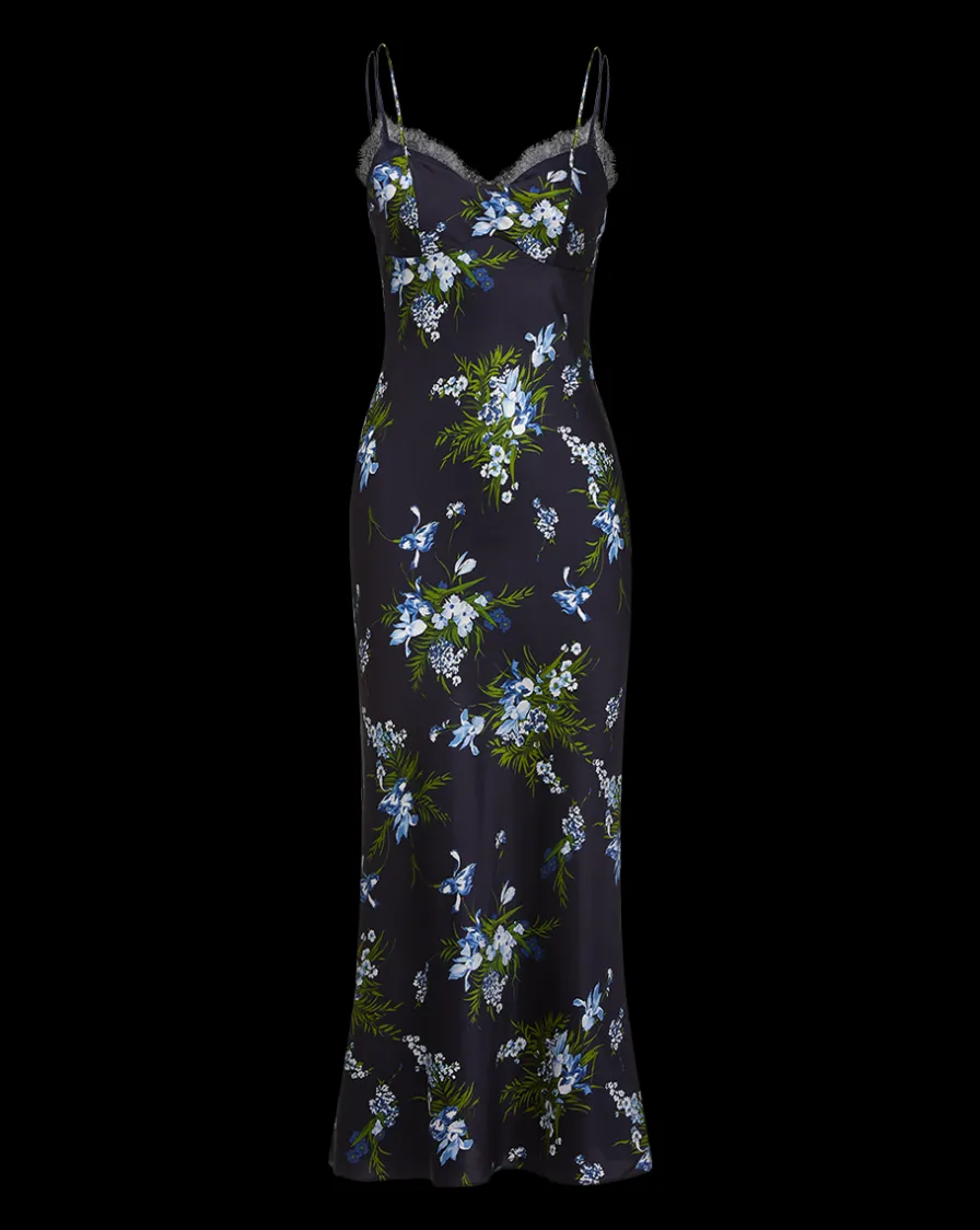 Veronica Beard Dresses>Bixie Stretch-Silk Slip Dress in Navy Multi
