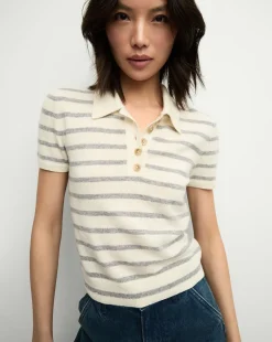 Veronica Beard Tops|Sweaters>Brandt Striped Cashmere Polo in Ivory/Heather Grey