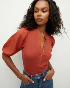Veronica Beard Tops>Coralee Puff-Sleeve Top in Brick Red