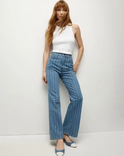 Veronica Beard Jeans>Crosbie Striped Loafer Length Wide-Leg Jean in Sapphire Stripe