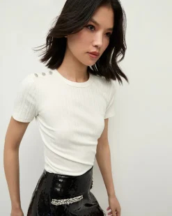 Veronica Beard Tops>Draya Rhinestone Button Tee in