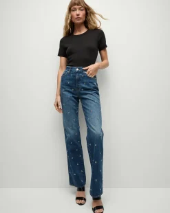 Veronica Beard Jeans>Dylan Grommet Straight-Leg Jeans in Blue Denim