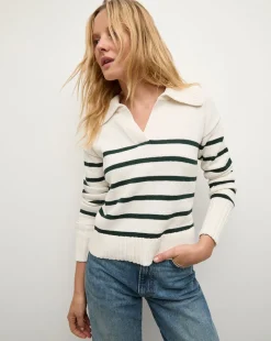 Veronica Beard Sweaters|Tops>Jovie Striped V Neck Sweater in Ivory & Green
