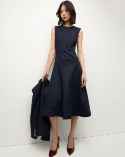 Veronica Beard Dresses>Karrigan Denim Midi Dress in Dark Wash