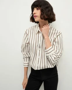 Veronica Beard Tops>Keiko Stretch-Cotton Shirt in Striped Ivory
