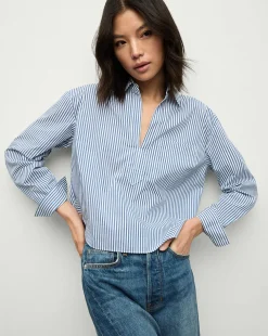 Veronica Beard Tops>Khai Cropped Tunic Top in Blue/White Stripe