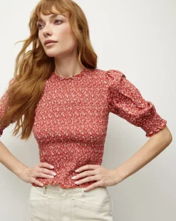 Veronica Beard Tops>Langston Smocked Top in Brick Red/White