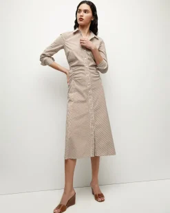 Veronica Beard Dresses>Lex Striped Dress in Deep Ochre/White