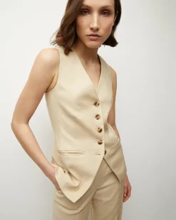 Veronica Beard Jackets & Outerwear|Tops>Liff Stretch-Linen Vest in Stone Khaki