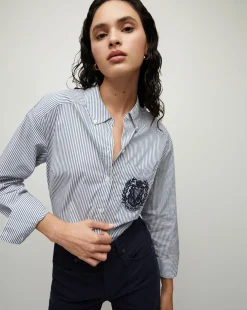 Veronica Beard Tops|Vb Classics>Lloyd Striped Button-Down Top | Logo Crest in