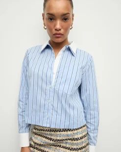Veronica Beard Tops>Maia Double-Collar Shirt in Blue Sky/White