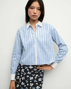 Veronica Beard Tops>Maia Sequin Shirt in Blue Sky/White