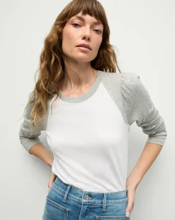 Veronica Beard Tops>Mason Baseball Tee in White/Heather Grey