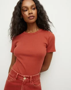 Veronica Beard Tops>Pruitt Ribbed Tee in Brick Red