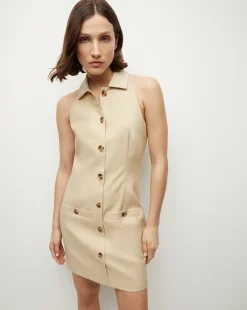 Veronica Beard Dresses>Roxanne Stretch-Linen Shirtdress in Stone Khaki