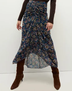 Veronica Beard Skirts & Shorts>Sira Long Ruched Silk Skirt in Blue-Stone-Multi