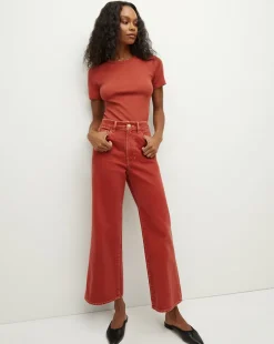 Veronica Beard Jeans>Taylor Cropped Wide-Leg Jean in Brick Red