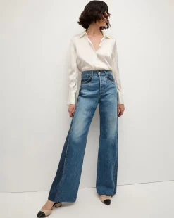 Veronica Beard Jeans>Taylor Two-Tone Wide-Leg Jean in Light & Medium Blue