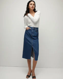 Veronica Beard Skirts & Shorts>Victoria Raw-Edge Midi Denim Skirt
