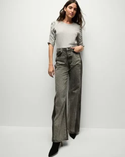 Veronica Beard Tops>Waldorf Ruched-Sleeve Tee in Heather Grey